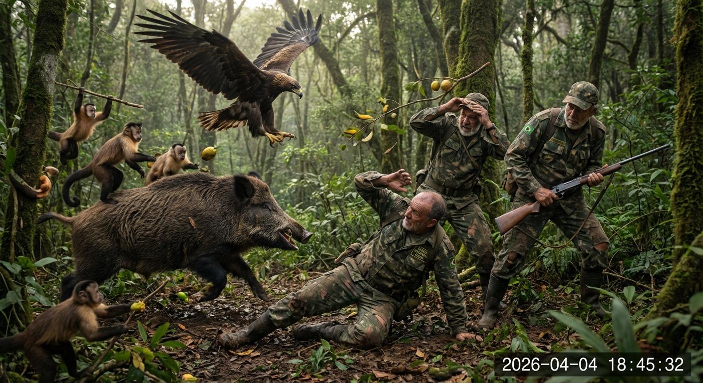 gerar imagem  cacadores fortivos  florestais  sendo atacados pelos animais  na floresta ontem 04/04/2026 - Beellon CashLike