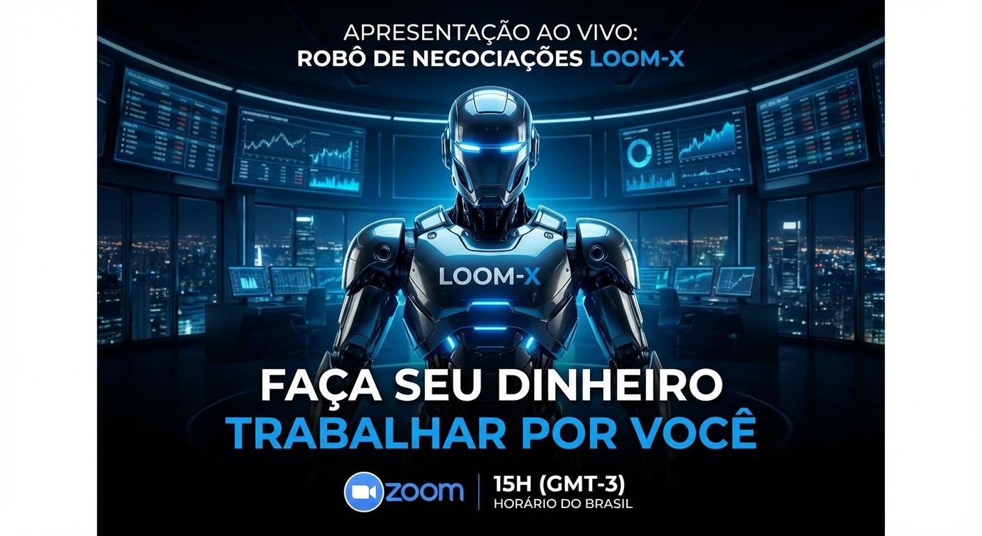 Cria uma imagem convidando as pessoas para o 'Zoom' as 15h do horário do Brasil (GMT-3) Para apresentação do robô de negociações 'LOOM-X'. Slogan 'Faça seu dinheiro trabalhar por você'. Com tom de cores azul, preto e branco. - Beellon CashLike