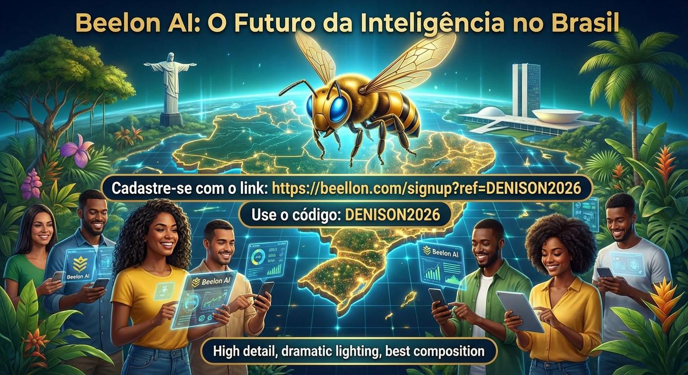 Cria uma imagem para divulgar a 'Beelon AI' para as pessoas do Brasil. Com meu link de indicação: 'https://beellon.com/signup?ref=DENISON2026' e meu código 'DENISON2026'. Uma imagem que atraia as pessoas para fazer o cadastro nesta IA fantástica. - Beellon CashLike