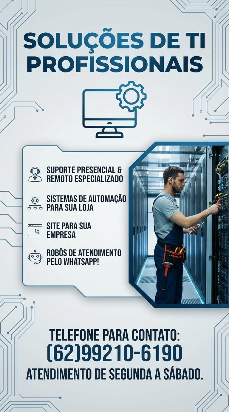 Cria uma propaganda para meu negócio de manutenção de computadores. Suporte presencial e remoto especializado. Sistemas de automação para sua loja. Site para sua empresa e robôs de atendimento pelo WhatsApp! Telefone para contato: (62)99210-6190 
Atendimento de segunda a sábado. - Beellon CashLike