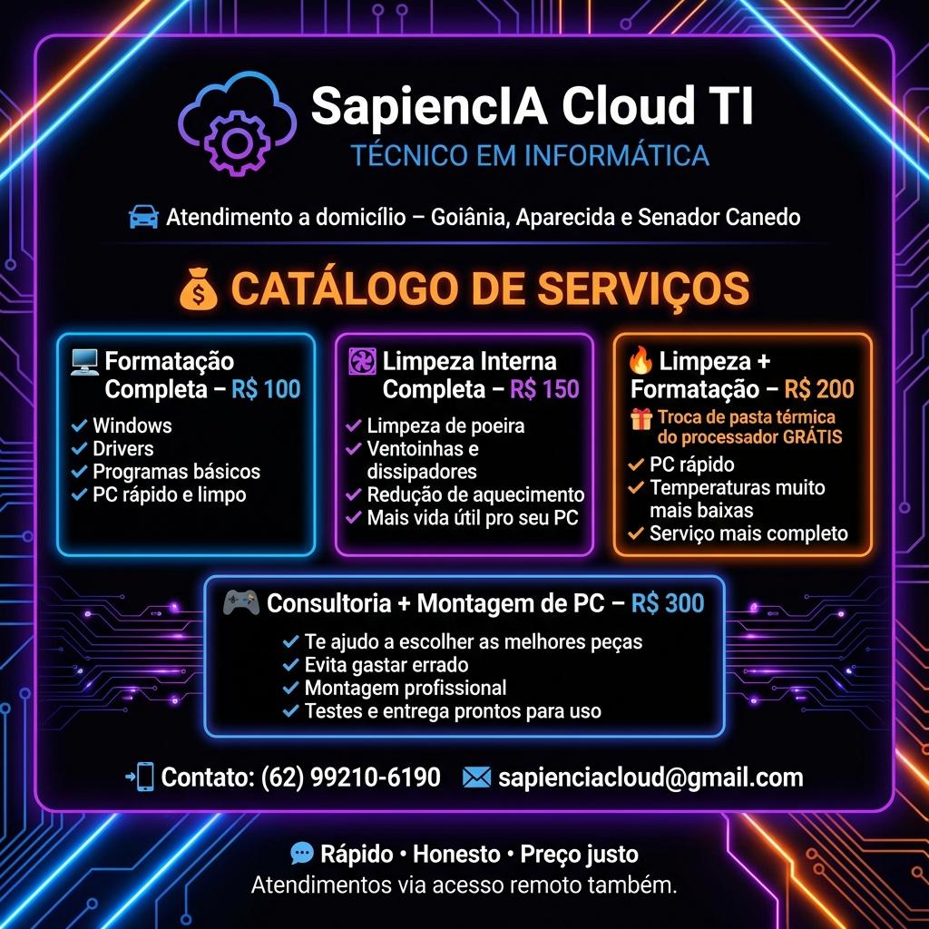 Crie um flyer para meu serviço de manutenção de computadores, etc. Quero algo moderno, simples e bonito. Com cores em fundo preto cores como 'roxo', 'laranja' e azul. Algo que chame atenção do cliente e faça ele vir falar comigo. Com os seguintes dados:. - Beellon CashLike