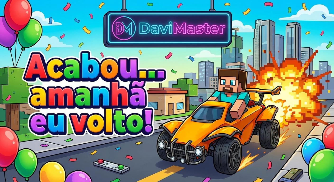 Imagem para escrito 'Acabou...amanhã eu volto!', com o nome do streamer 'DaviMaster' com tema misturando dos jogos 'Rocket League, Minecraft a GTA V'. Colorido e divertido, bem convidativo para crianças e adolescentes. Para terminar a live. - Beellon CashLike