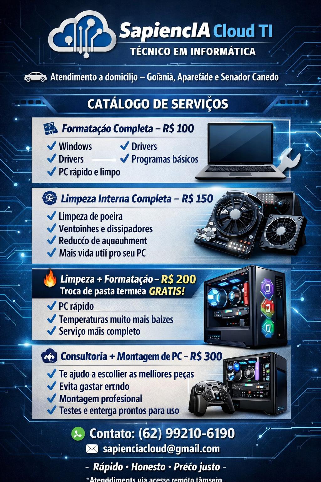 Preciso que faça um 'flyer' moderno e simples com essas informações abaixo. Tudo relacionado à informática, manutenção.

💻 SapiencIA Cloud TI  – TÉCNICO EM INFORMÁTICA
🚗 Atendimento a domicílio – Goiânia, Aparecida e Senador Canedo
💰 CATÁLOGO DE SERVIÇOS
🔹 Formatação Completa – R$ 100
✔ Windows
✔ Drivers
✔ Programas básicos
✔ PC rápido e limpo
🔹 Limpeza Interna Completa – R$ 150


✔ Limpeza de poeira
✔ Ventoinhas e dissipadores
✔ Redução de aquecimento
✔ Mais vida útil pro seu PC
🔥 Limpeza + Formatação – R$ 200
🎁 Troca de pasta térmica do processador GRÁTIS
✔ PC rápido
✔ Temperaturas muito mais baixas
✔ Serviço mais completo
🎮 Consultoria + Montagem de PC – R$ 300
✔ Te ajudo a escolher as melhores peças
✔ Evita gastar errado
✔ Montagem profissional
✔ Testes e entrega prontos para uso
📲 Contato: (62) 99210-6190
📧 sapienciacloud@gmail.com
💬 Rápido • Honesto • Preço justo
*Atendimentos via acesso remoto também.* - Beellon CashLike