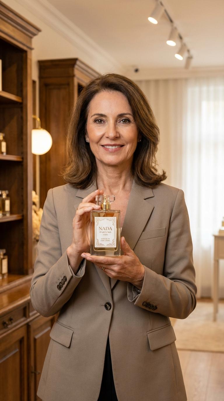 Crear la imagen de una mujer madura mostrando un fabuloso perfume francés la marca Nada contacto 0985 128486 - Beellon CashLike