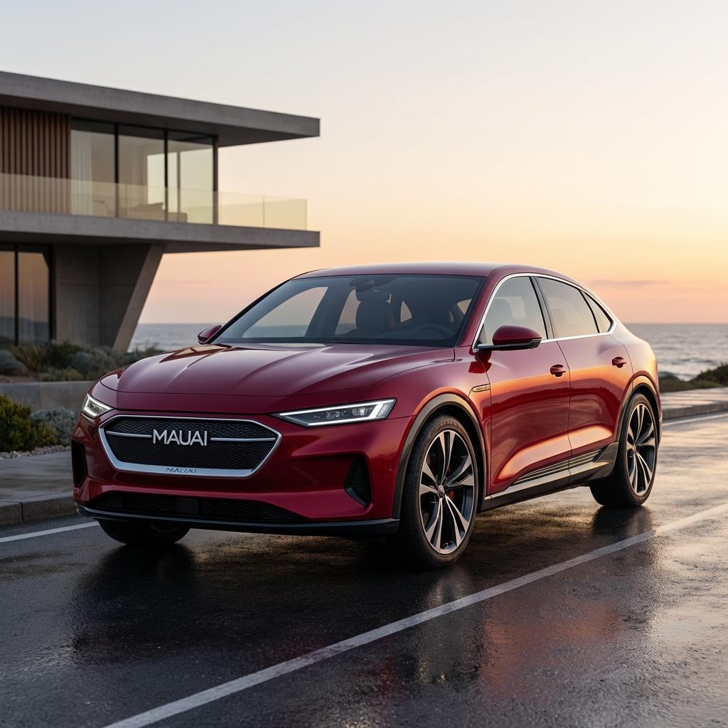 Gerar imagem de um carro eléctrico que tenha lá marca Mauai que o carro seja vermelho e a marca seja de metal branco a marca Mauai - Beellon CashLike