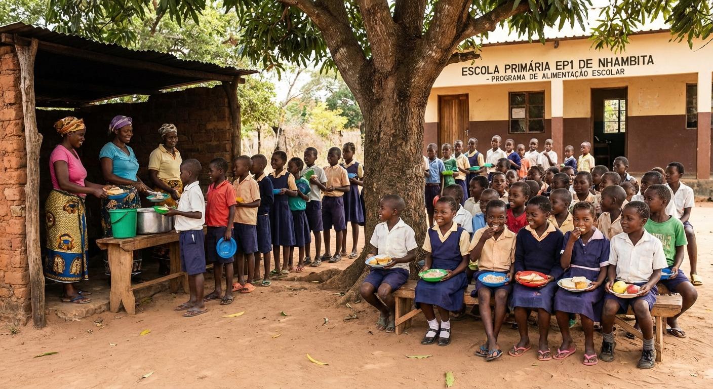 Crianças beneficiando de lanche escolar na EP1 de Nhambita. - Beellon CashLike