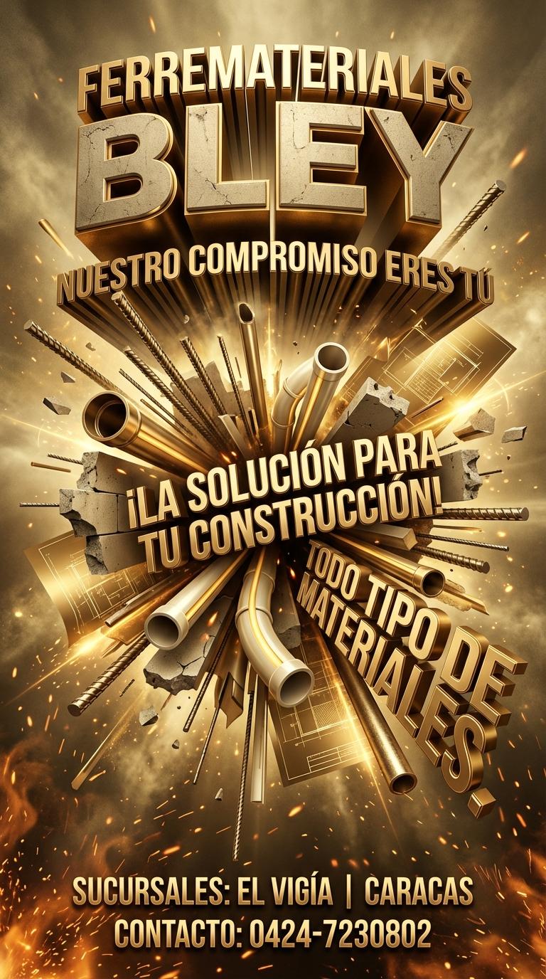 Dynamic industrial flyer artwork, a grunge concrete wall background with streaks of raw iron rebar elements and scattered PVC pipes creating a raw, architectural feel. Deep grey and metallic silver tones dominate, with accents of off-white and sky blue from the PVC. High-contrast typography for "FERREMATERIALES BLEY" at the top, rendered in bold, chiseled cement texture effect, casting dramatic shadows. Below, the slogan "NUESTRO COMPROMISO ERES TÚ" in clean, sturdy iron-like lettering. Mid-ground features graphic elements resembling construction blueprints and schematics, subtly integrated. Prominently placed are the key messages: "¡LA SOLUCIÓN PARA TU CONSTRUCCIÓN!" and "TODO TIPO DE MATERIALES." in strong, sans-serif fonts. At the bottom, "SUCURSALES: EL VIGÍA | CARACAS" with "CONTACTO: 0424-7230802" in clear, readable typography. No human figures. Gritty realism, volumetric lighting, and a powerful, reliable atmosphere. - Beellon CashLike