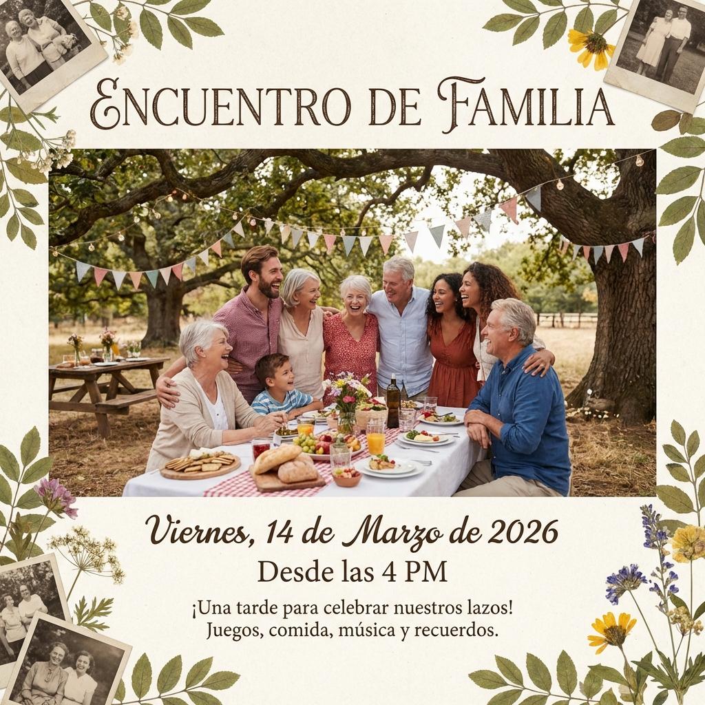 Generar flayer de un encuentro de familia el día viernes 14/03/26 - Beellon CashLike