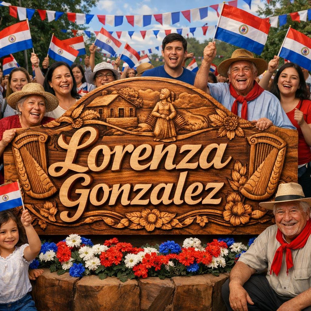 Genere una imagen que diga Lorenza Gonzalez tallada con madera mucgas personas alrededor con bandera paraguaya - Beellon CashLike