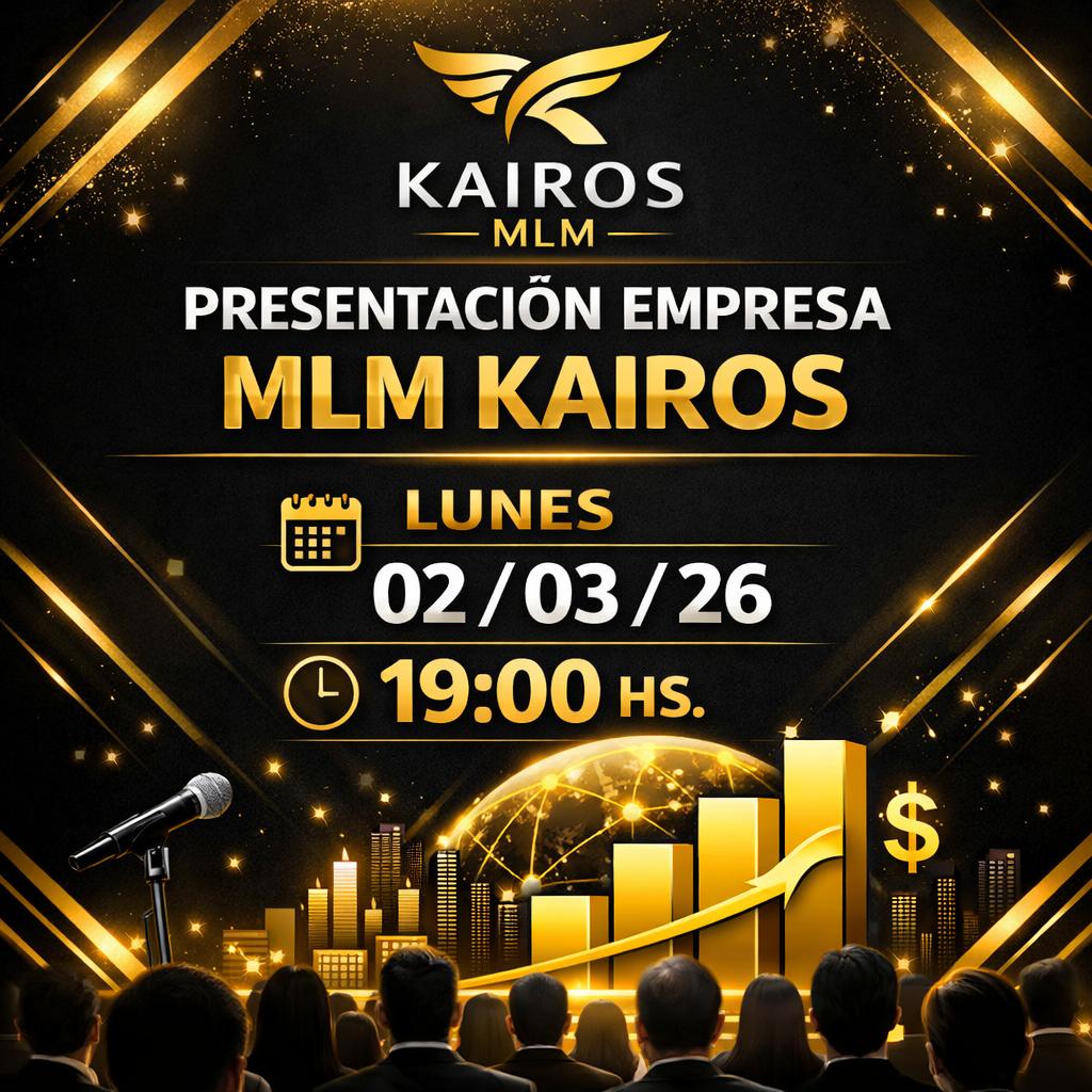 genera imagen para una reunion el dia Lunes 02/03/26 hora 19:00 hs. Presentacion Empresa MLM Kairos., Colores que deberas utilizar Negro Blanco Amarillo ORO - Beellon CashLike