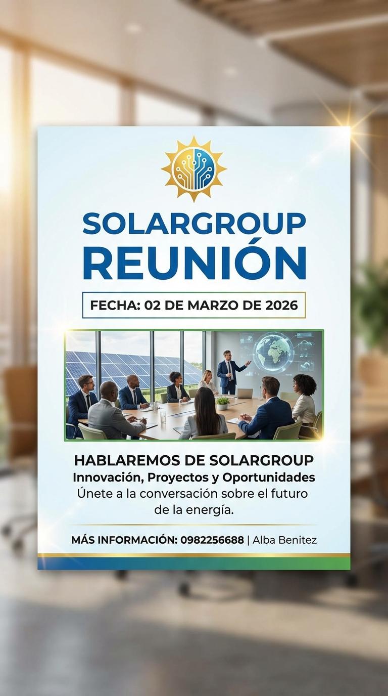 Crear imagen tipo flayer para una reunion el dia 02/03/26 hablaremos de Solargroup mas informacion 0982256688..Alba Benitez - Beellon CashLike