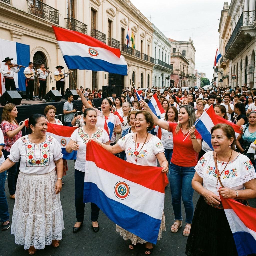 Generar imagen de un evento paraguayo mujeres con banderas - Beellon CashLike