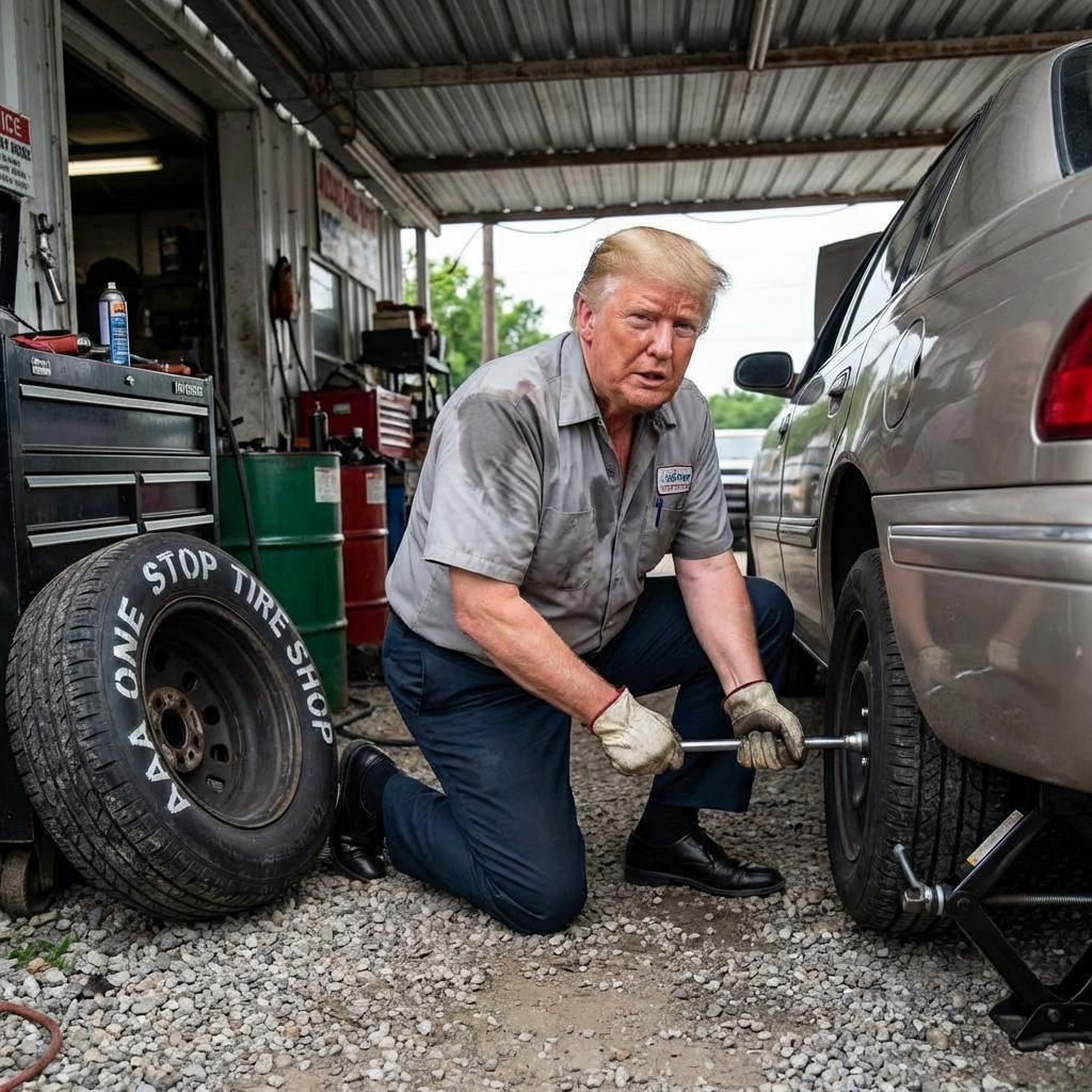Donald trump sudado  cambiando una llanta de carro , que en el cómodo tenga el nombre aaa one stop tire shop - Beellon CashLike