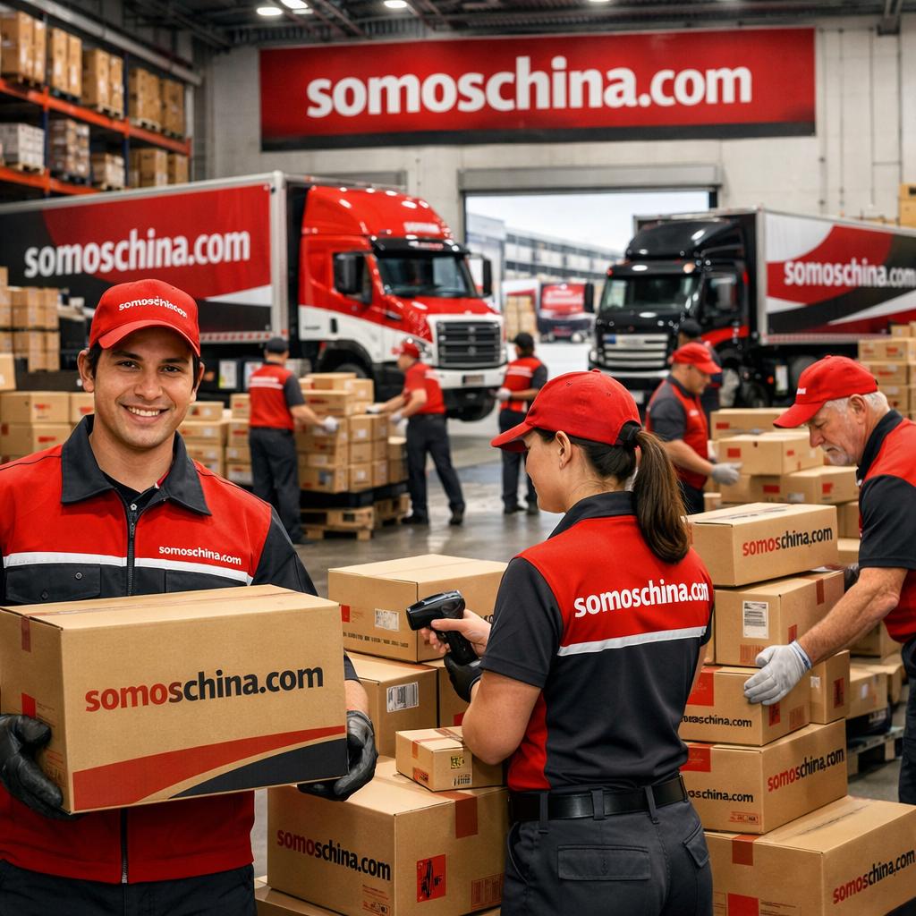 "Una imagen vibrante de un gran centro logístico o almacén. Varios empleados uniformados, con el rojo como color principal y detalles en blanco y negro, están trabajando activamente con cajas. En el fondo, se ven camiones de carga (también con toques rojos, blancos y negros) en un ambiente de trabajo dinámico y eficiente. El texto 'somoschina.com' está integrado de forma visible en la escena (en los uniformes, cajas, paredes o camiones). Estilo realista y profesional." - Beellon CashLike