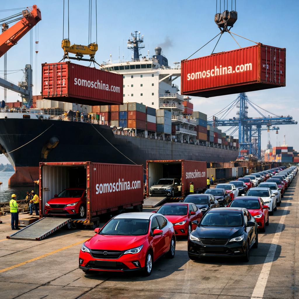 **`Fotorrealista, resolución 8K. Una escena dinámica y de alta energía en un puerto marítimo. En primer plano, una línea continua de coches nuevos y relucientes, predominantemente en tonos de rojo, blanco y negro, está siendo cuidadosamente descargada y saliendo de varios contenedores de envío abiertos. Los contenedores están estratégicamente ubicados en el muelle, algunos aún colgando de grúas o recién colocados. En los costados de los contenedores, de forma visible y nítida, se lee "somoschina.com". Al fondo, un gigantesco barco carguero moderno, con sus propias grúas en acción, es la fuente de estos contenedores y vehículos, sugiriendo un flujo constante de importación desde China. La composición debe resaltar la eficiencia logística y la importación masiva de automóviles. Iluminación de día, detalles nítidos.`** - Beellon CashLike