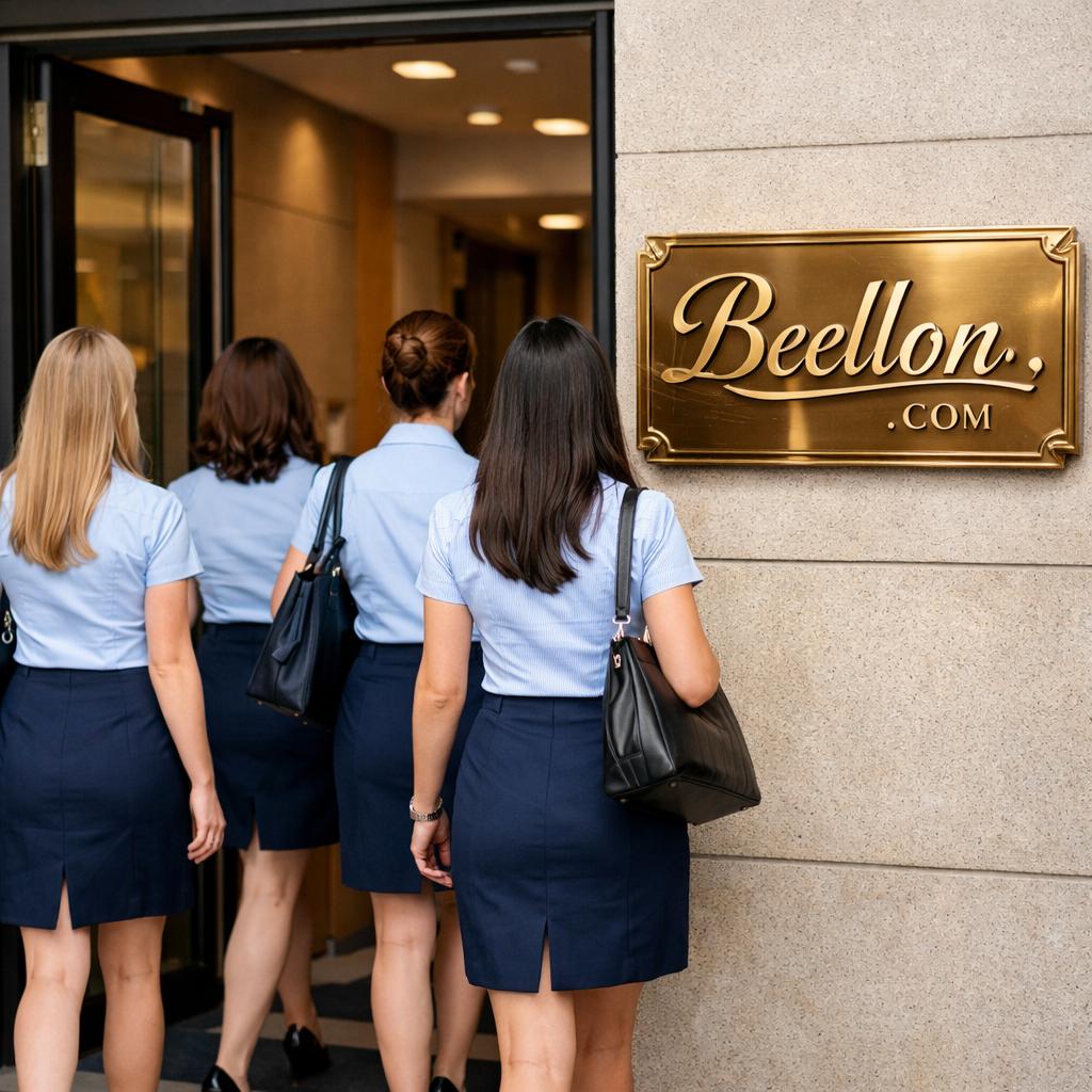 genera una imagen de un grupo de mujeres con convarta y faltas uniforme formal azull de verano y entrando a una empresa que tiene un aviso lujoso de bronce que dice Beellon.com - Beellon CashLike