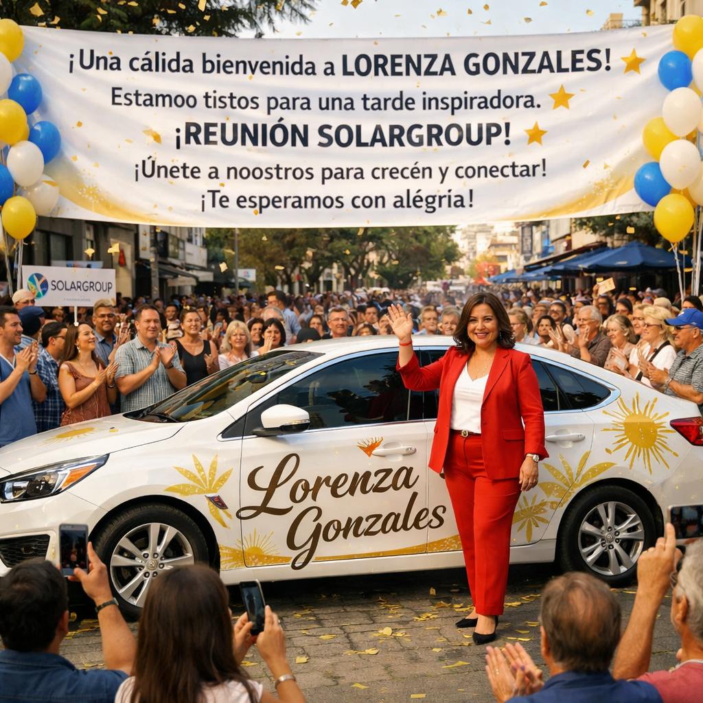 que tenga un auto con el nombre de Lorenza Gonzales hora de que sea de dia en la calle y mucha gente ¡Una cálida bienvenida a **Lorenza Gonzales**! 🌟 Estamos listos para una tarde inspiradora.  ✨ **¡REUNIÓN SOLARGROUP!** ✨ ¡Únete a nosotros para crecer y conectar! ¡Te esperamos con alegría! - Beellon CashLike