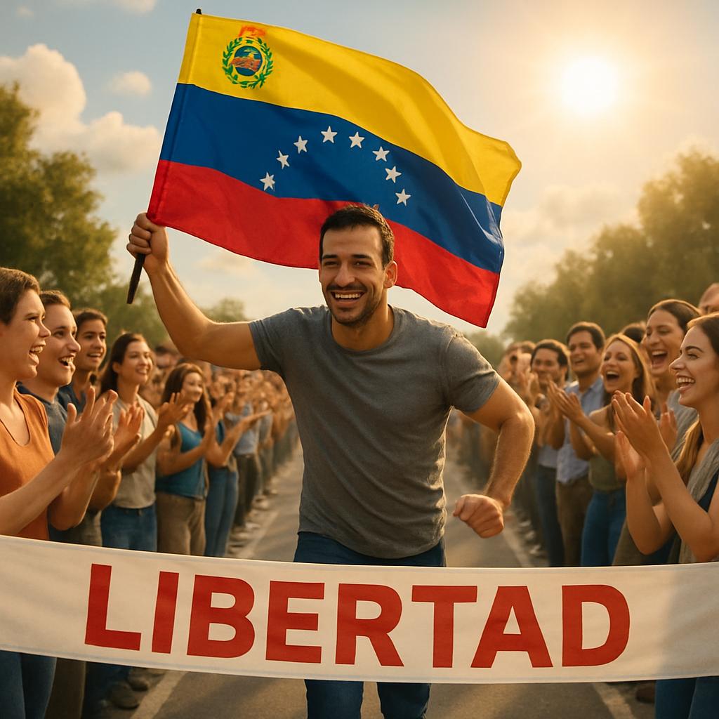genera un hombre con una bandera de venezuela corriendo haca una meta que dice liberta mucha gente aplaudiendo la rededor mucho sol y caras bonitas el hombre con la bandera tambien sonrie - Beellon CashLike