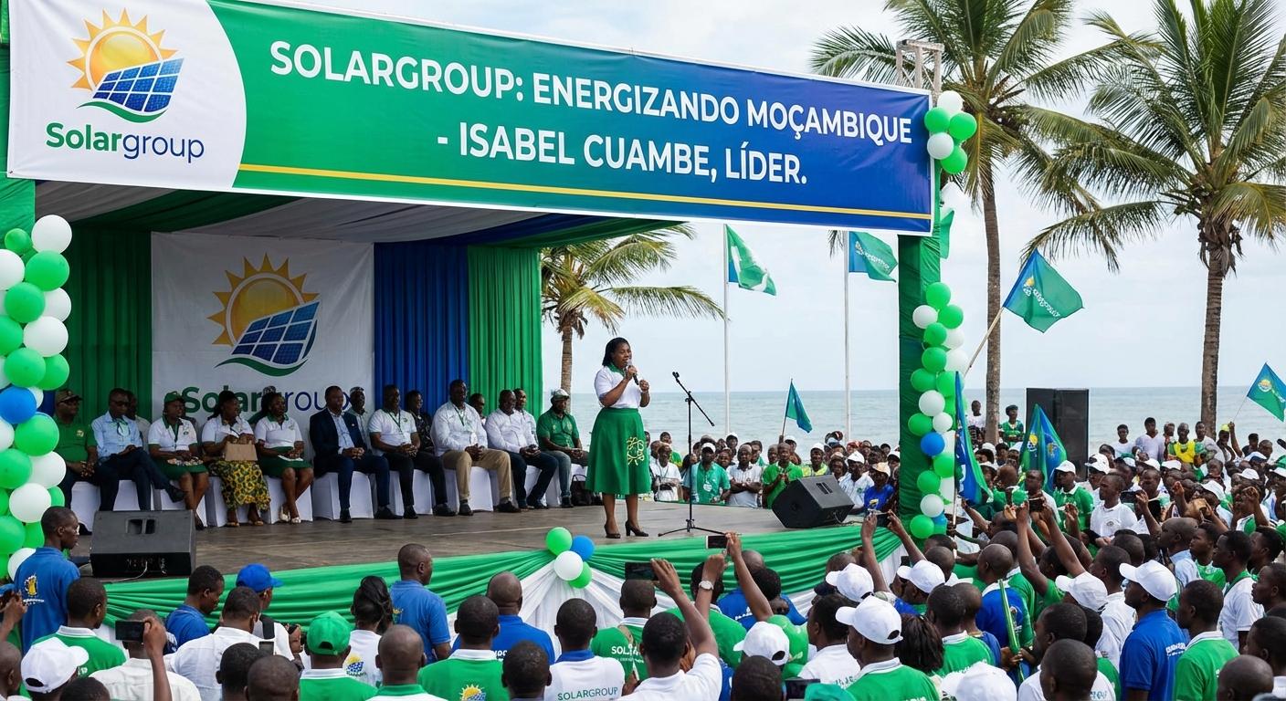 Genera una imagen para una empresa llamada solargroup para una evento en Mozambique con su Lider Isabel Cuambe agregacolores verde balnco y azul - Beellon CashLike