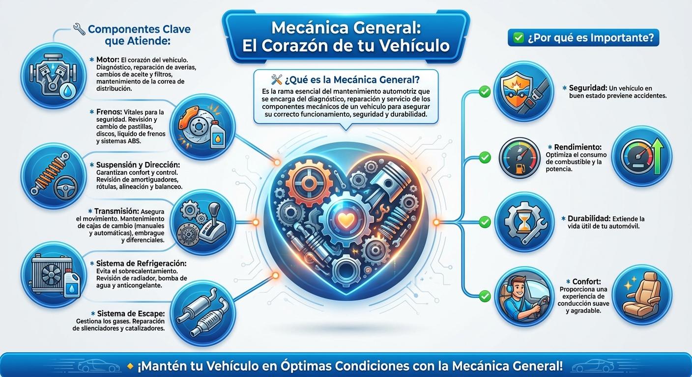 ⭐ **Mecánica General: El Corazón de tu Vehículo** ⭐  🔹 **¿Qué es la Mecánica General?** Es la rama esencial del mantenimiento automotriz que se encarga del diagnóstico, reparación y servicio de los componentes mecánicos de un vehículo para asegurar su correcto funcionamiento, seguridad y durabilidad.  🔧 **Componentes Clave que Atiende:**  *   **Motor:** El corazón del vehículo. Diagnóstico, reparación de averías, cambios de aceite y filtros, mantenimiento de la correa de distribución. *   **Frenos:** Vitales para la seguridad. Revisión y cambio de pastillas, discos, líquido de frenos y sistemas ABS. *   **Suspensión y Dirección:** Garantizan confort y control. Revisión de amortiguadores, rótulas, alineación y balanceo. *   **Transmisión:** Asegura el movimiento. Mantenimiento de cajas de cambio (manuales y automáticas), embrague y diferenciales. *   **Sistema de Refrigeración:** Evita el sobrecalentamiento. Revisión de radiador, bomba de agua y anticongelante. *   **Sistema de Escape:** Gestiona los gases. Reparación de silenciadores y catalizadores.  ✅ **¿Por qué es Importante?**  *   **Seguridad:** Un vehículo en buen estado previene accidentes. *   **Rendimiento:** Optimiza el consumo de combustible y la potencia. *   **Durabilidad:** Extiende la vida útil de tu automóvil. *   **Confort:** Proporciona una experiencia de conducción suave y agradable.  🔹 **¡Mantén tu Vehículo en Óptimas Condiciones con la Mecánica General!** - Beellon CashLike
