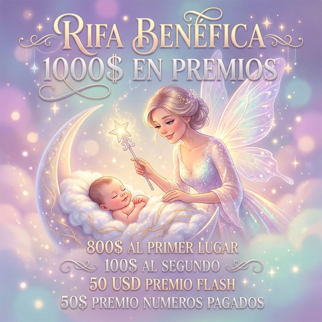 A whimsical, glowing illustration of a kind fairy godmother with a shimmering magic wand in her hand, gently looking down at a serenely smiling newborn baby nestled in a soft, cloud-like blanket. The background is a dreamy, pastel-colored gradient with soft bokeh lights and subtle magical sparkles. The overall atmosphere is warm, hopeful, and enchanting. Incorporate the text prominently and beautifully into the illustration: "RIFA BENEFICA 1000$ EN PREMIOS", "800$ AL PRIMER LUGAR", "100$ AL SEGUNDO", "50 USD PREMIO FLASH", "50$ PREMIO NUMEROS PAGADOS". The text should have a gentle, elegant font, integrated into the magical design with a subtle glow, not as a separate overlay. Soft golden and silver accents. - Beellon CashLike
