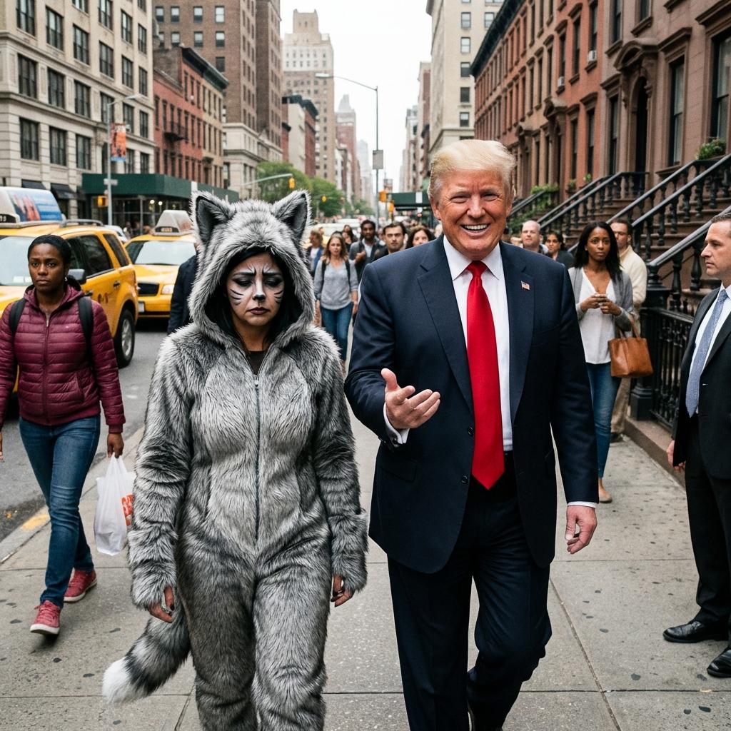 Crea una imagen de Donald Trump llevando a Delcy Rodríguez, que va caminando disfrazada de therian  por las calles de Nueva York y Donald Trump va sorriendo con ganas de ganador y la cara de Delcy toda triste - Beellon CashLike