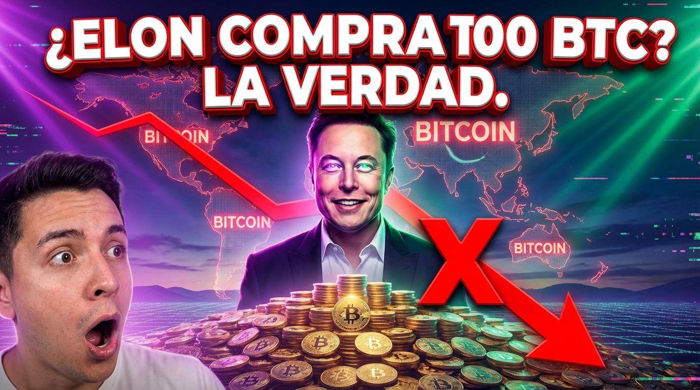 Elon Musk con una sonrisa maliciosa y ojos brillantes, parado sobre una montaña gigante de monedas de Bitcoin doradas y brillantes que se extienden hasta el horizonte, detrás de él un mapamundi digital con la palabra "BITCOIN" iluminada en rojo sobre cada continente, una flecha roja gigante que cruza la imagen con una "X" roja enorme sobre el mundo, un efecto glitch y de desvanecimiento digital que muestra la imposibilidad de la escena, una persona con cara de total incredulidad y sorpresa en primer plano, iluminación dramática con rayos de luz morados y verdes neón. - Beellon CashLike