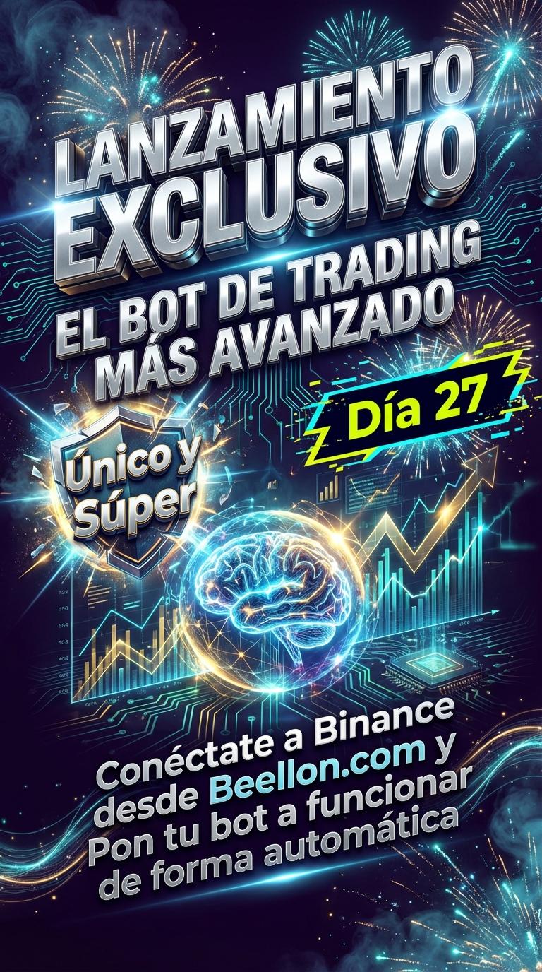 Explosive, high-tech promotional poster artwork for a groundbreaking AI trading bot. Dark, deep violet-to-black gradient background with intricate luminous electric blue and green circuit board patterns radiating outwards. In the center, a powerful, glowing holographic sphere or a stylized robotic brain icon, surrounded by dynamic, abstract financial charts and data streams in gold and cyan, indicating growth and automation. Massive, glossy 3D chrome typography "LANZAMIENTO EXCLUSIVO" dominates the top, with "EL BOT DE TRADING MÁS AVANZADO" below it, both breaking through the composition. Prominently displayed: "Único y Súper" with an energetic glow. A bold digital banner flashes "Día 27" in vibrant electric yellow. Below the central icon, sleek, clean typography reads: "Conéctate a Binance desde Beellon.com y Pon tu bot a funcionar de forma automática" with subtle light trails. No people, no human figures. Cinematic lighting, volumetric smoke, digital particles, and lens flares enhance a sense of unparalleled innovation and opportunity. - Beellon CashLike