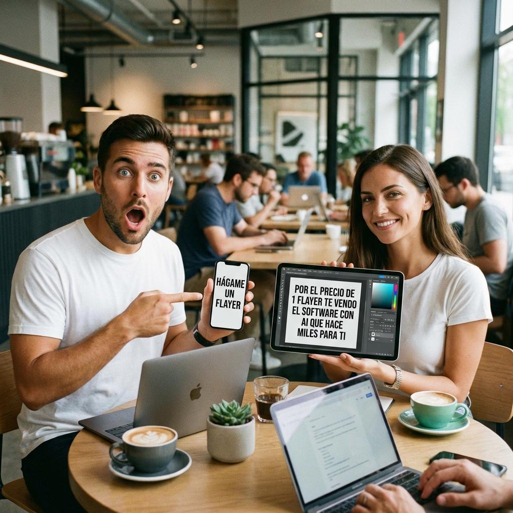 Genera 2 personas hablando una dice; Hágame un flayer y el otro le respondo por el precio de 1 flayer te vendo el software con AI que hace miles para ti el, que el quiere que el hagan el flayer hágalo con cara de asombro - Beellon CashLike