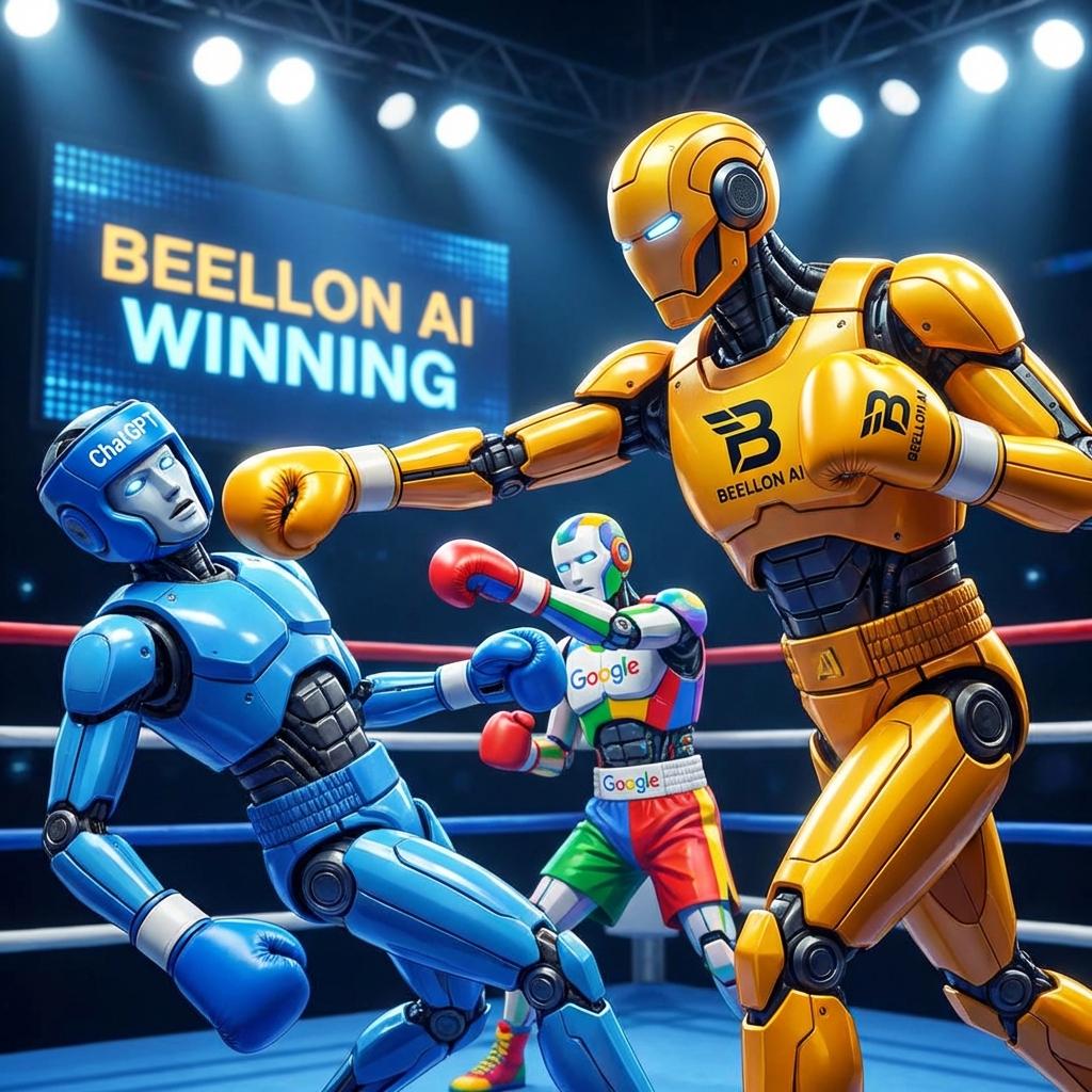 Genera una imagen de beellon.com peleando con chatgpt con guantes y Google con guantes haga que las 3 AI estén juntas y que Bellon Ai esté ganando la pelea adjunte el logo de beellon AI - Beellon CashLike