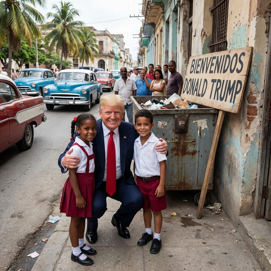 Genera una imagen de Donald Trump llegando a Cuba y abrazando a los niños cubanos con un aviso que diga bienvenidos Donald Trump que el anuncio este al lado de un basusrero - Beellon CashLike
