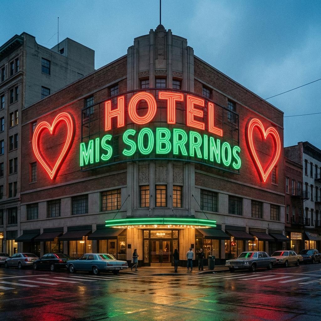 Genera una imagen de un hotel con un aviso grande que diga hotel mis sobrinos agrega 2 corazones uno en la derecha y otra izquierda,  que el anuncio sea de neón rojo con verde - Beellon CashLike