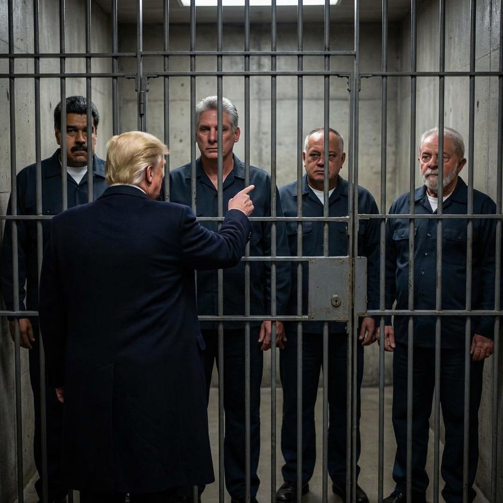 Genera una imagen del expresidente Maduro, Díaz-Canel, Diosdado Cabello, Lula da Silva tras las rejas de la cárcel de Nueva York, con caras muy serias y así como asustados y Donald Trump mirándolos y señalando, a Diaz canel - Beellon CashLike