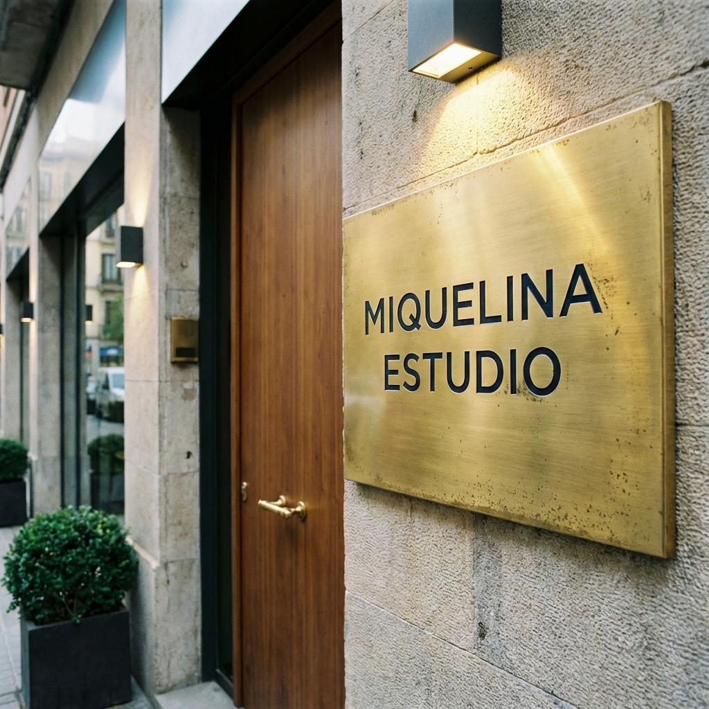 Genera una imagen que diga MIquelina Estudio en una planca de oro en la entrada de una oficina - Beellon CashLike