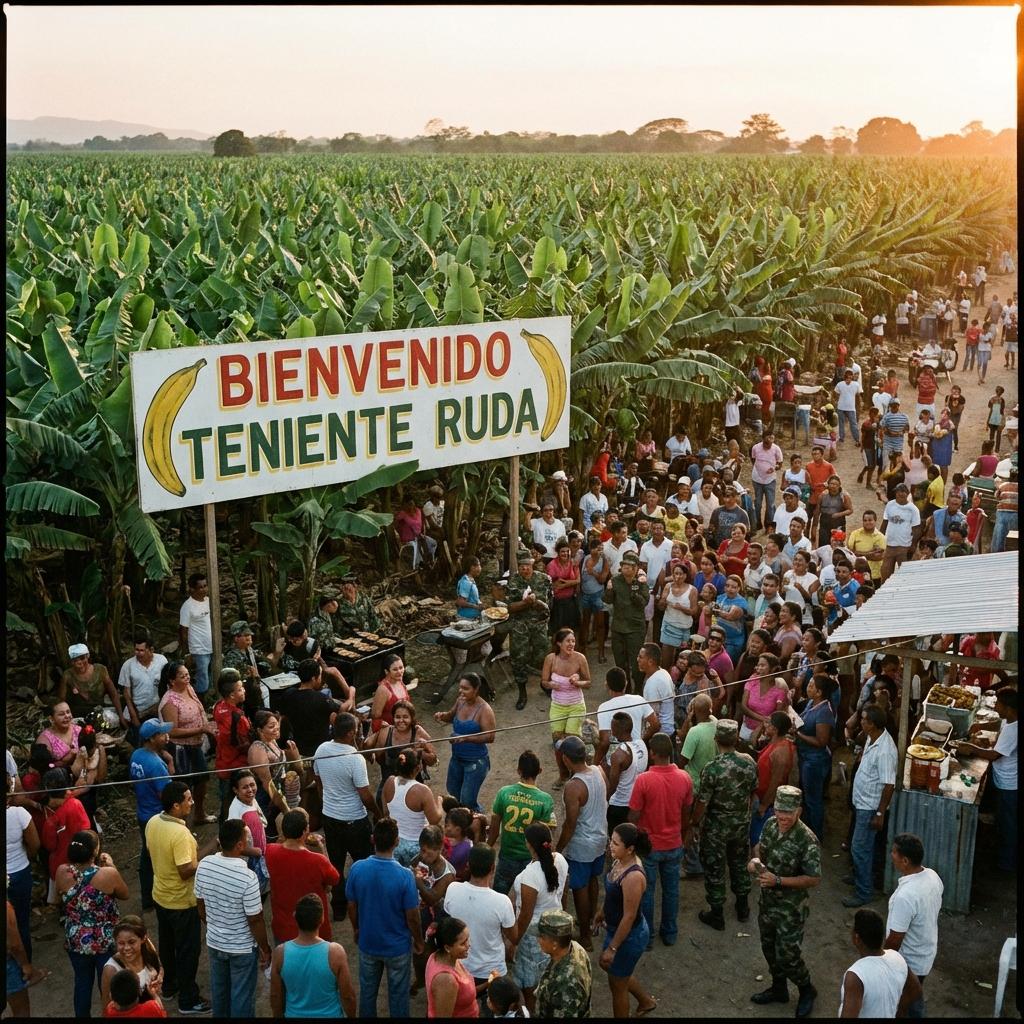 Genera una imagen que tenga una platanera grande y un anuncio que diga Bienvenido Teniente Ruda y que tenga muchas personas al rededor - Beellon CashLike