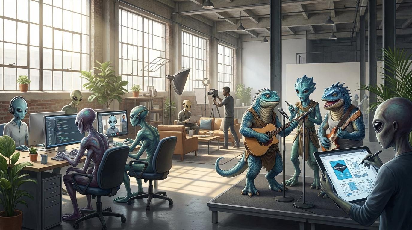 Genera una imagen que tenga varios alienígenas cantando y otros alienígenas programando y haciendo código y otro alienígena creando contenido y otro alienígena creando diseños de flyer en beellon.com - Beellon CashLike