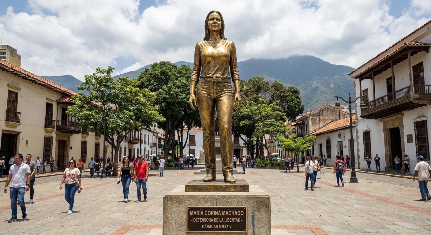 genere una hermosa imagen de la estatuda de maria corina una estatuda de oro en caracas - Beellon CashLike