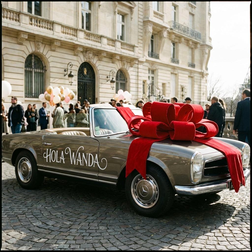 genere una imagen que diga hola wanda escrito en un carro con un lazo de regalo - Beellon CashLike