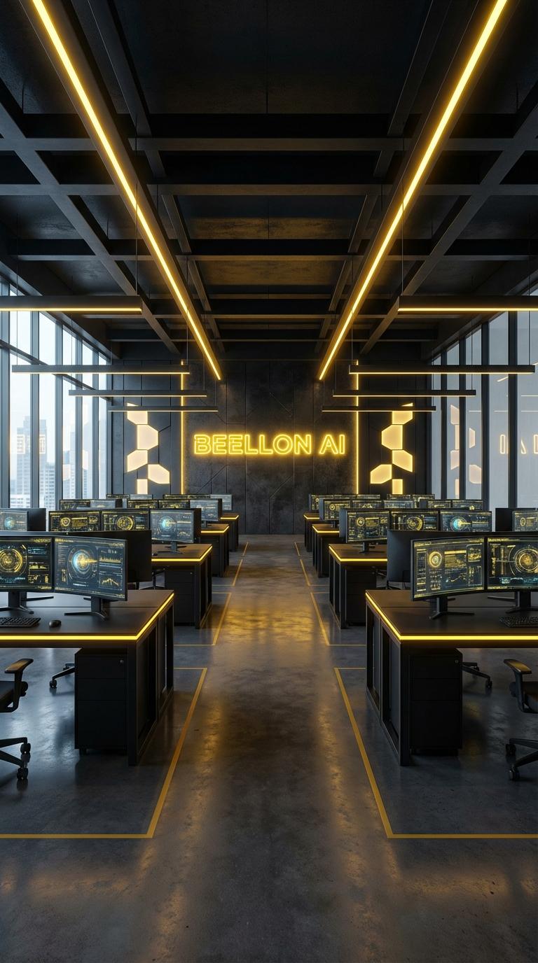 High-tech, sleek open-plan office, Beellon AI corporate headquarters. The space is expansive with numerous modern black desks, each equipped with multiple large monitors displaying futuristic interfaces. Dominant colors are striking yellow and deep black, with strategic use of bright yellow LED strips and glowing accents on the desks and ceiling. In the background, a large, vibrant neon sign spells out 'BEELLON AI' in intense yellow light, casting a subtle glow. The overall atmosphere is futuristic, professional, and energetic, with clean lines and sharp contrasts. No people, no clutter. - Beellon CashLike