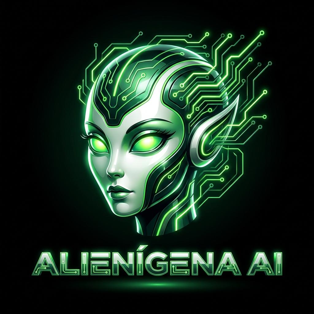 Logo profesional para canal de YouTube "Alienígena AI". Icono de cabeza de alienígena        
  femenina estilizada, rasgos suaves y elegantes, pestañas sutiles, expresión serena y         
  poderosa. Líneas de circuito electrónico saliendo de la cabeza. Ojos grandes almendrados     
  brillantes. Colores: verde neón vibrante como color principal, acentos en verde esmeralda  
  oscuro y blanco puro. Fondo negro puro. El texto "ALIENÍGENA AI" en tipografía futurista
  geométrica debajo del icono. Diseño limpio, tech, apto para avatar circular de YouTube. - Beellon CashLike
