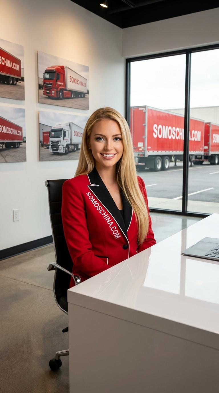 Professional commercial photography, ultra-realistic, 8k quality. A beautiful 23-year-old blonde woman with long straight golden blonde hair and bright blue eyes, sitting at a sleek modern office desk, facing the camera directly with a warm confident sales smile, as if ready to sell something to the viewer.

She wears an elegant fitted business uniform in RED (#DC1F26), BLACK (#000000) and WHITE (#FFFFFF) colors. The uniform is a tailored red blazer with black lapels and white trim, with the text "SOMOSCHINA.COM" clearly embroidered in white bold letters across the chest area of the blazer. Professional corporate styling.

Setting: A luxurious modern office with white walls, polished floors, and warm professional lighting. Her desk is sleek glossy white with minimalist design. Behind her on the walls hang large framed pictures showing red and white logistics trucks with the brand "SOMOSCHINA.COM" written in big bold white letters across the truck trailers.

Through a large panoramic window behind her, you can clearly see the exterior parking lot with several red logistics cargo trucks parked, each truck displaying "SOMOSCHINA.COM" in huge bold white typography on the side panels of the trailers.

Color palette dominant: RED, BLACK, and WHITE throughout the entire scene. Cinematic lighting, shallow depth of field, sharp focus on the woman, corporate branding photography style, professional advertising shot. - Beellon CashLike