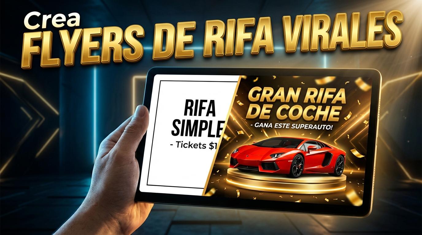 🎬 PROMPT: Una mano sostiene una tableta mostrando una pantalla dividida: a la izquierda, una plantilla de flyer simple; a la derecha, un flyer de rifa de coche espectacular con un auto deportivo rojo brillante sobre un podio iluminado, confetti dorado volando alrededor. Fondo oscuro con luces de neón azules y doradas sutiles. - Beellon CashLike