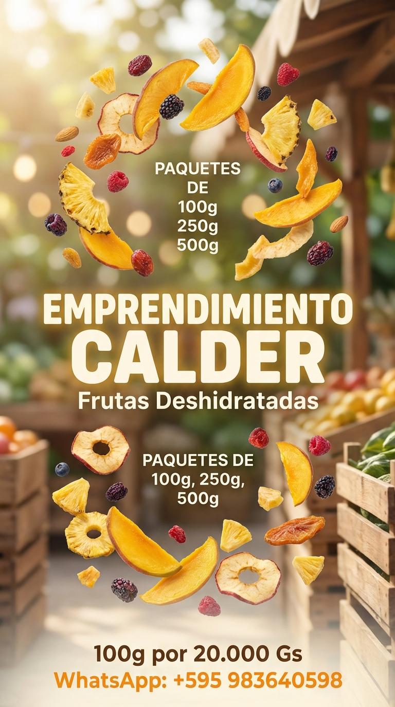 Vibrant and fresh promotional poster artwork, a natural light-filled background with soft bokeh effects, evoking an organic and healthy feel. A dynamic explosion of colorful dried fruit pieces (mango, pineapple, berries, apple slices) flying through the air, glistening with subtle light reflections. In the center, prominent, bold, slightly textured typography in a friendly, modern sans-serif font: "EMPRENDIMIENTO CALDER". Below, smaller but clear text: "Frutas Deshidratadas". Display the packaging details in clean, well-aligned text: "PAQUETES DE 100g, 250g, 500g". Include a clear example price: "100g por 20.000 Gs". At the bottom, a visible call to action with contact information: "WhatsApp: +595 983640598" in a bright, inviting color. Overall aesthetic is clean, appealing, and highlights the freshness and quality of the product. No human figures or faces. Minimalist yet rich in texture. - Beellon CashLike