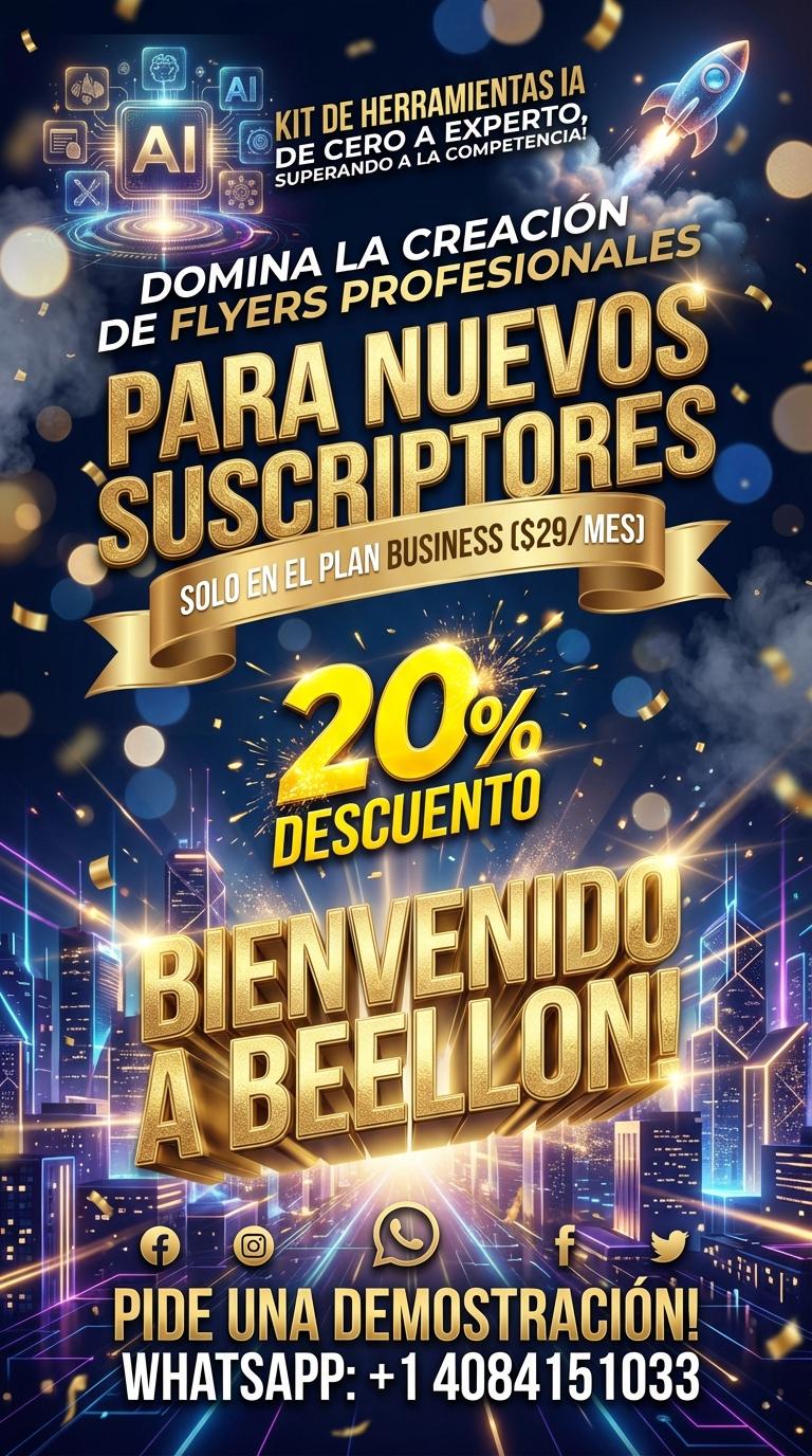 Vibrant, energetic, and professional promotional flyer artwork. A futuristic digital city skyline in the background with glowing neon lines and abstract geometric patterns in shades of deep blue, electric purple, and golden yellow. In the foreground, a massive, gleaming 3D metallic typography for "BIENVENIDO A BEELLON!" bursting forward with dramatic light rays. A dynamic, stylized '20%' symbol with "DESCUENTO" below it, rendered in explosive, bright yellow text, surrounded by subtle lens flares and digital sparks. Below this, "PARA NUEVOS SUSCRIPTORES" in clean, bold white. A subtle, elegant banner or section with "SOLO EN EL PLAN BUSINESS ($29/MES)". Holographic, abstract representations of various AI tools and a stylized 'rocket' icon taking off, symbolizing "KIT DE HERRAMIENTAS IA" and "DE CERO A EXPERTO, SUPERANDO A LA COMPETENCIA!" with "DOMINA LA CREACIÓN DE FLYERS PROFESIONALES" in kinetic text. At the bottom, a prominent section for "PIDE UNA DEMOSTRACIÓN! WHATSAPP: +1 4084151033" with the official WhatsApp logo and other generic social media icons (Facebook, Instagram, Twitter) elegantly integrated into the background. Cinematic lighting, volumetric smoke effects, and golden confetti falling. No human figures or faces. Highly detailed, high resolution, professional marketing aesthetics. - Beellon CashLike