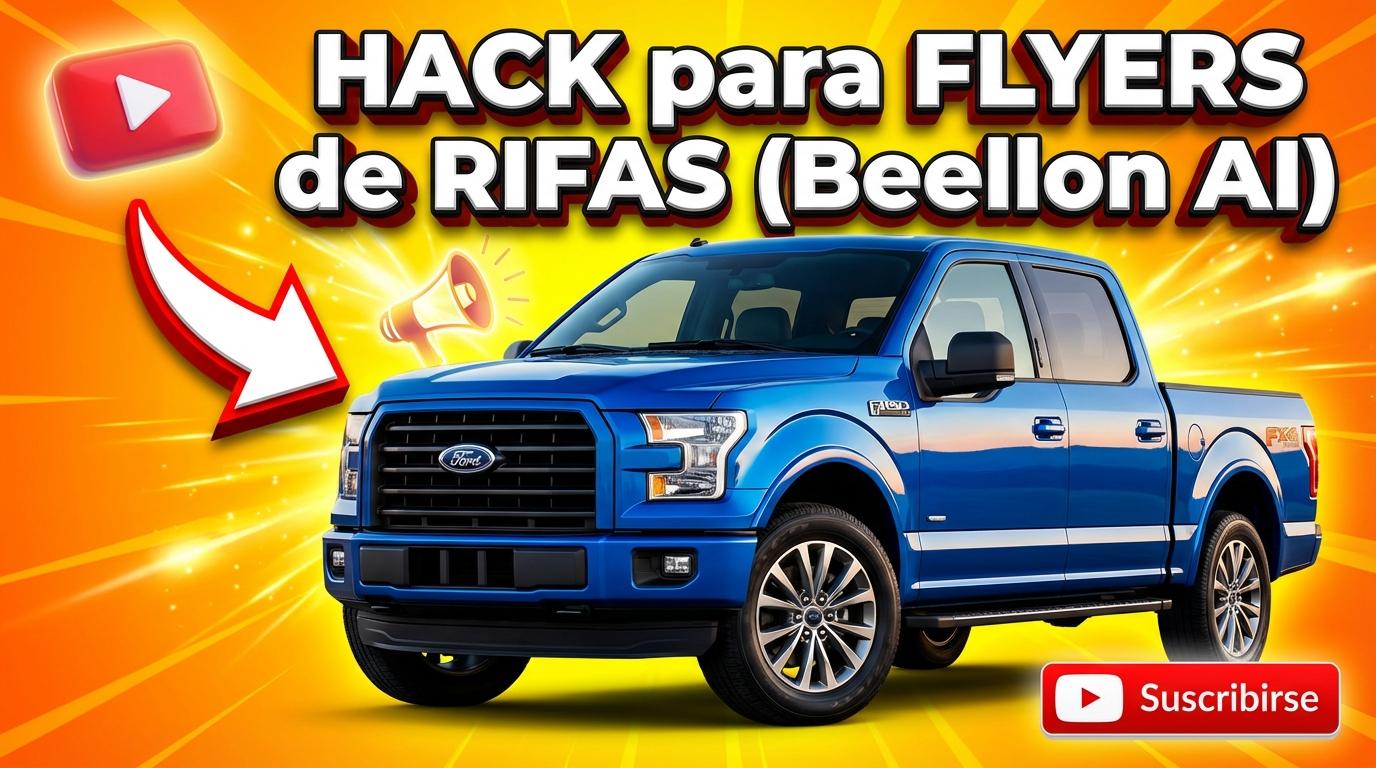 Vista en primer plano de una brillante camioneta Ford F-150 doble cabina en un color azul eléctrico vibrante, enfocada ligeramente hacia un lado. El fondo es un degradado explosivo de amarillo neón a naranja brillante con destellos de luz radial. En la esquina superior izquierda, un gran logo de YouTube en 3D flotando, y en la esquina inferior derecha, un botón de "Suscribirse" rojo brillante. Una gran flecha roja y blanca apuntando hacia la camioneta y un ícono de "Megáfono" sutilmente integrado en el diseño, como si estuviera creando el flyer. Iluminación cinematográfica y alto contraste, estilo thumbnail viral. Sin personas. - Beellon CashLike