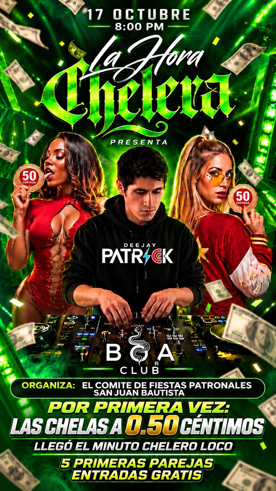 Animate this nightclub event flyer into a high-energy promotional video. Keep all original text, logos, faces and composition unchanged. Create a realistic 3D motion effect. Add dynamic camera zoom-in and zoom-out movements, parallax depth between foreground and background elements. Make the green laser lights move and pulse like a real nightclub atmosphere. Animate the falling dollar bills floating slowly with depth and rotation. Add sparkling light flashes around the title 'La Hora Chelera' an - Beellon CashLike