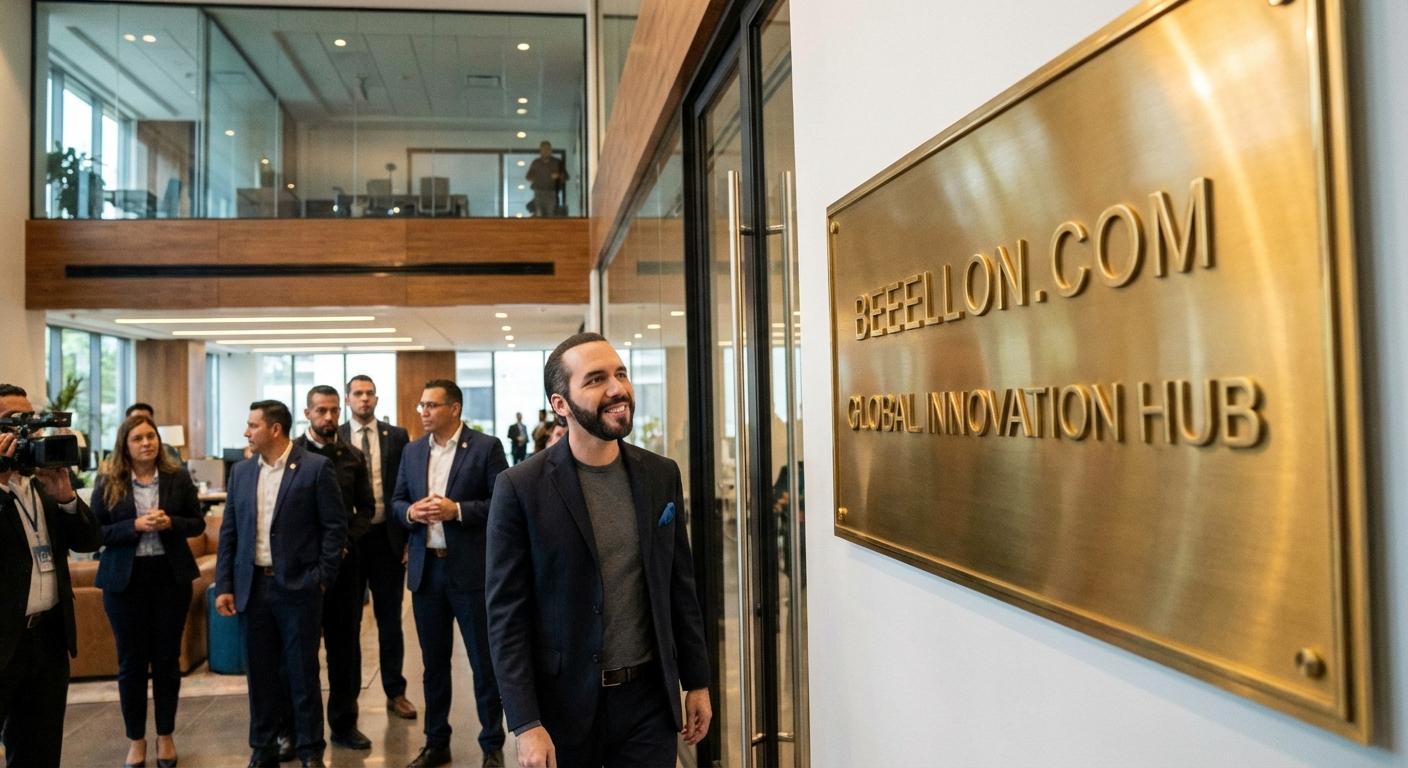 Dame un prompt para generar una imagen donde podríamos ver al presidente Bukele entrando a una oficina y en la salida se puede ver una placa que dice Beellon.com puesto como placa que representa la empresa y la placa estara encahapda en oro y tood miran a bukele y bukele mira el abiso de beellon.com y sonrrie - Beellon CashLike