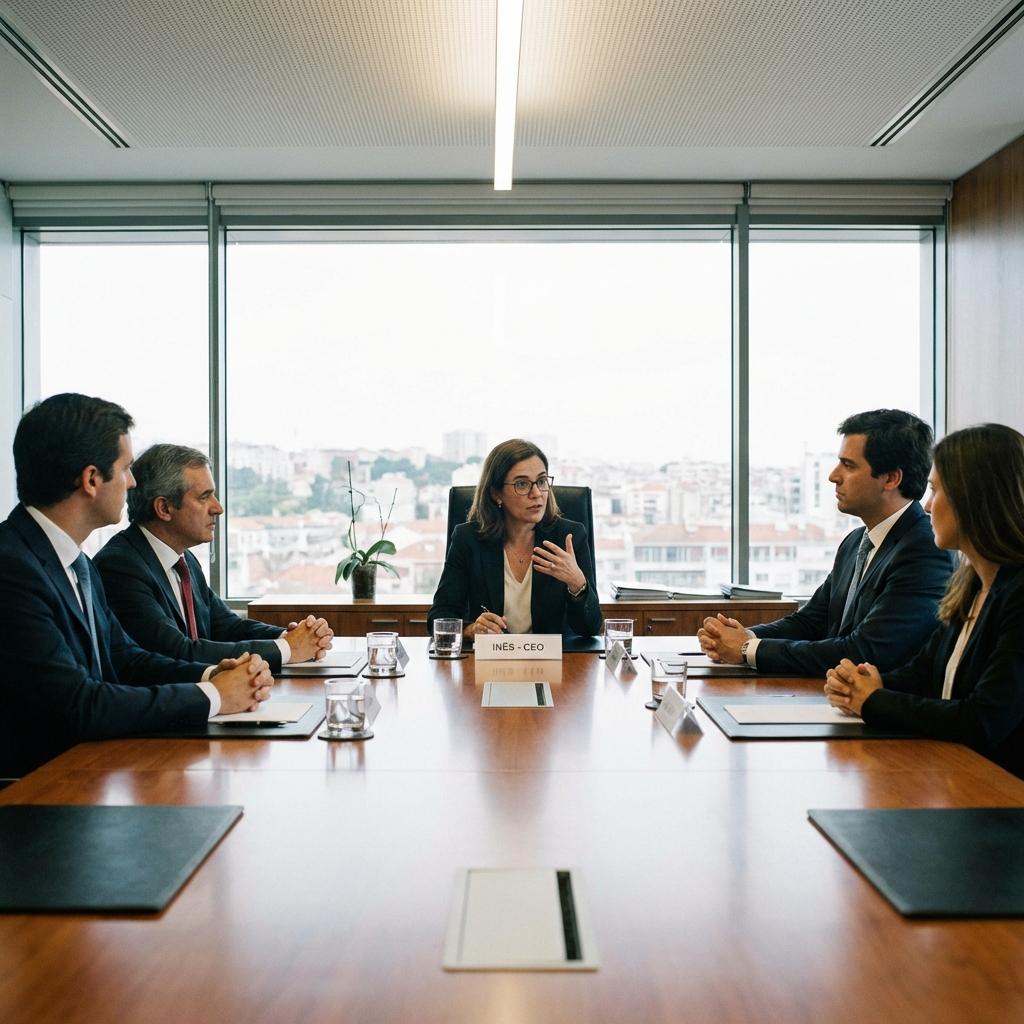 Quero uma imagem com a cra da ines a presider uma reuniao de negócios - Beellon CashLike