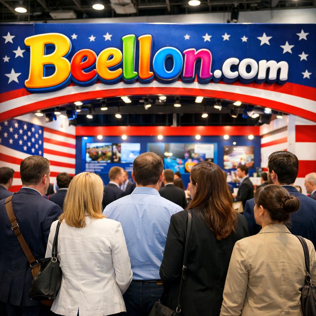 crea una imagen de perosonas llegando a una feria de empresa y estan todos parado en frente de un stam bien bonito con la bandera de estados unidos y el anuncio de la empresa es Beellon.com y esta escrito en letras de colores con reliebe bien bonito y logrado - Beellon CashLike