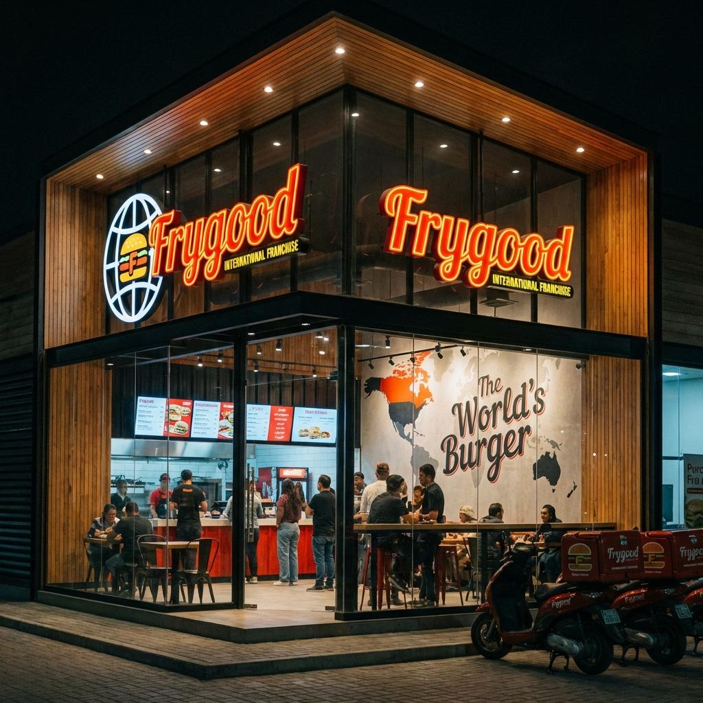 Generar una imagen de un local comercial de venta hamburguesa llamado Frygood es una franquicia internacional - Beellon CashLike